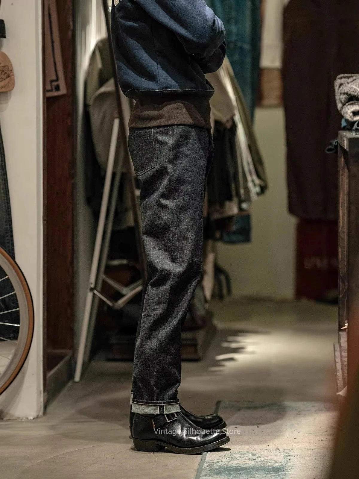 Non Stock 15oz Selvedge Jeans Unwashed Vintage Men's Five-Pocket Denim Pants Indigo