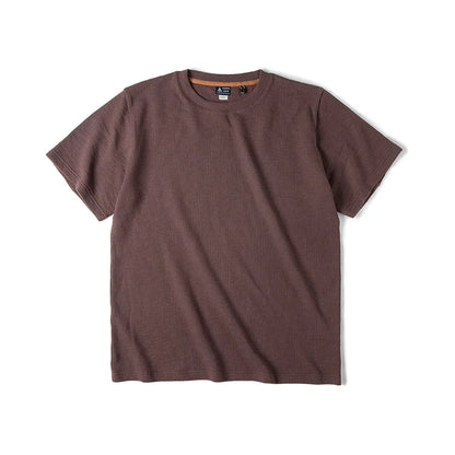 Maden Retro Knit Waffle Short Sleeve T-shirts for Men's Summer Round Neck Loose Fit Casual Tee Basic Solid Color Classic Tops