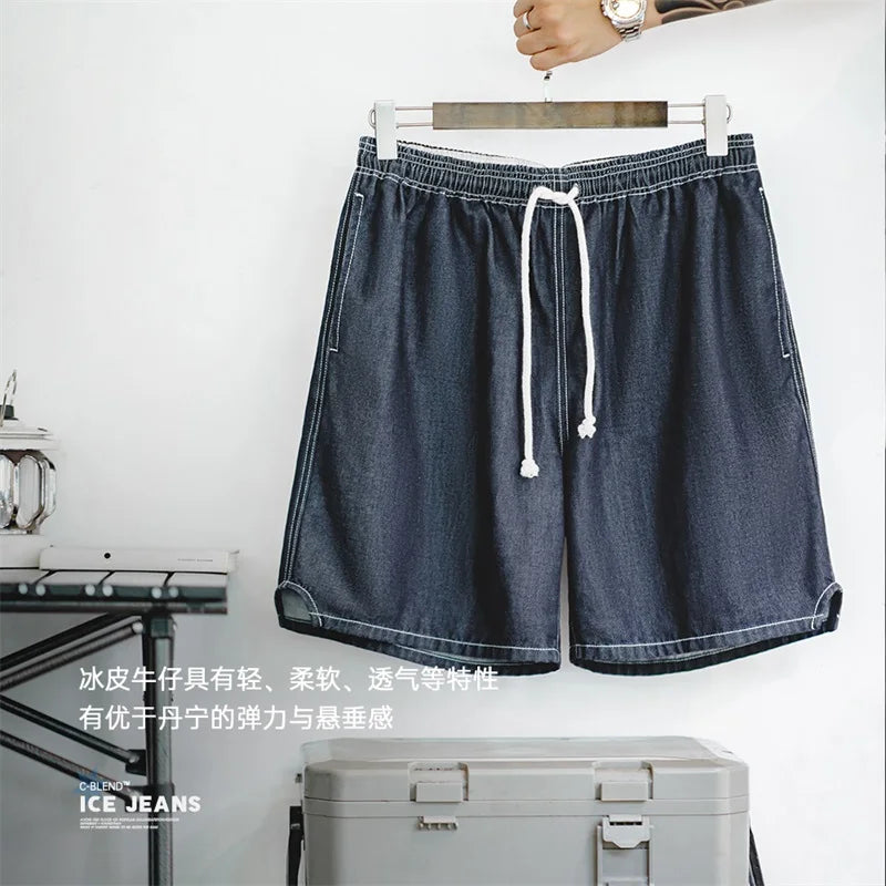 Maden Workwear American Casual Ice Leather Denim Shorts Denim Cool Fit Loose Straight Leg Half Pants Men's Summer