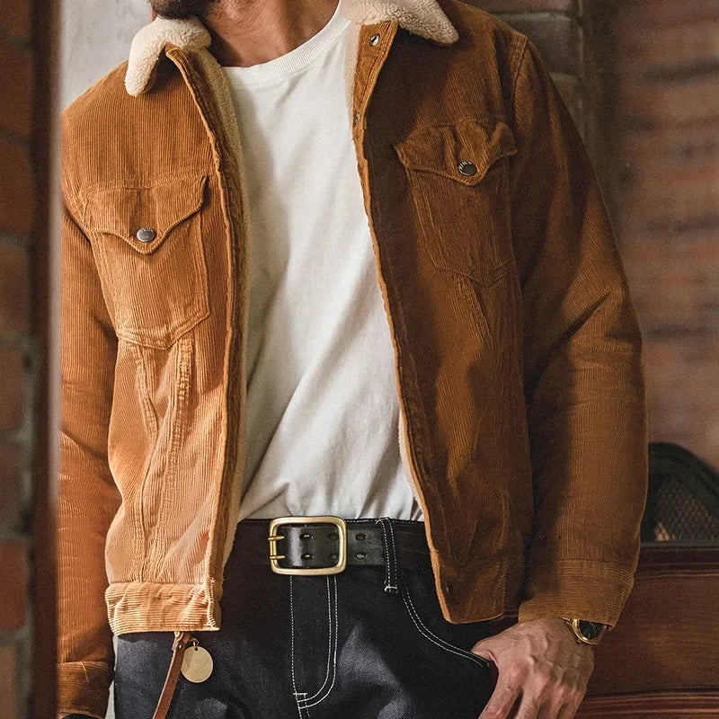 Maden Faux Lamb Wool Corduroy Jacket for Men Ginger Color Thickened Lapel Single-breasted Coat Fall and Winter Warm Jacket