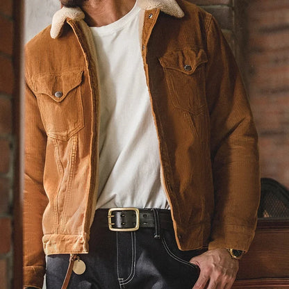 Maden Faux Lamb Wool Corduroy Jacket for Men Ginger Color Thickened Lapel Single-breasted Coat Fall and Winter Warm Jacket