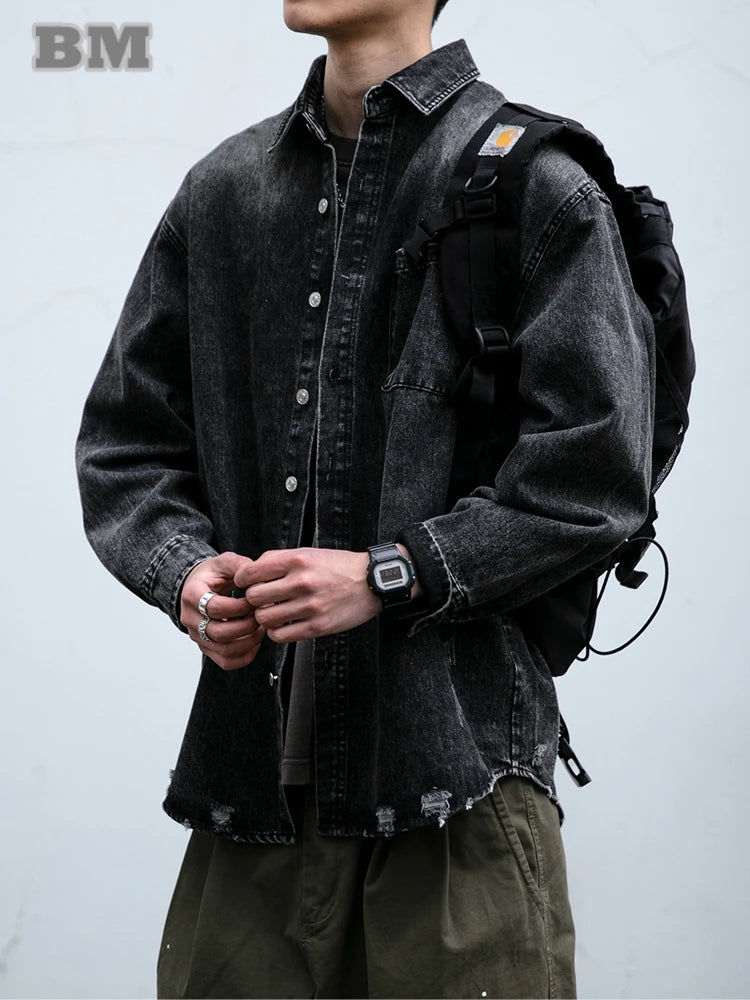 American Streetwear Wash Denim Shirts For Men Harajuku Casual Men'S Clothing Vintage Blue Lapel Cargo Coat Korean Long Sleeve