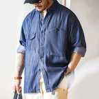 Maden 2023 Autumn Men's Vintage Tencel Denim Shirts Amekaji Lycra Long Sleeve CPO Shirt Jacket Uncle Fu Brand Luxury Jean Blouse