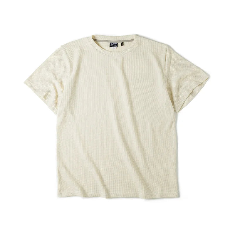 Maden Retro Knit Waffle Short Sleeve T-shirts for Men's Summer Round Neck Loose Fit Casual Tee Basic Solid Color Classic Tops