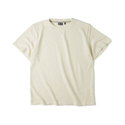 Maden Retro Knit Waffle Short Sleeve T-shirts for Men's Summer Round Neck Loose Fit Casual Tee Basic Solid Color Classic Tops