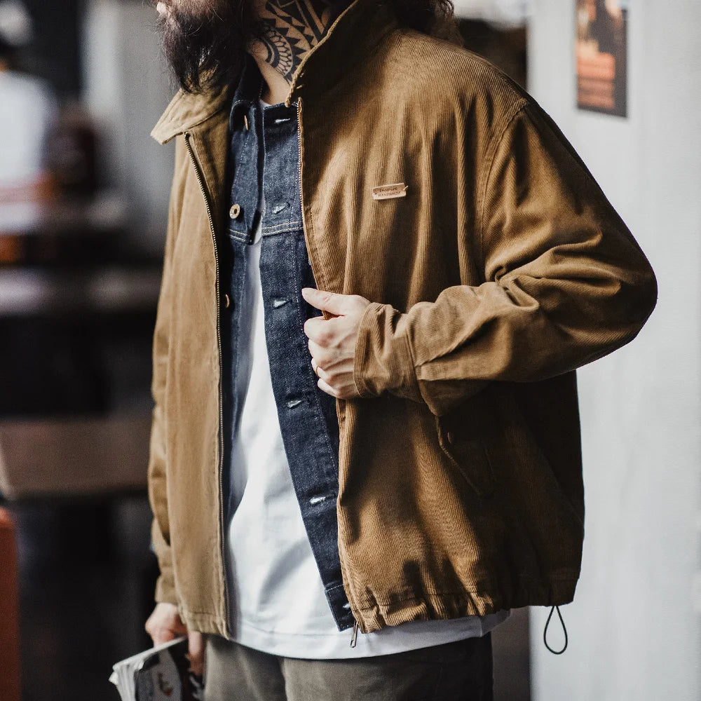 Maden Retro Corduroy Jacket with Stand-up Collar Zipper Flap Pockets Casual Solid Color Outwear for Men's Autumn Versatile Coat