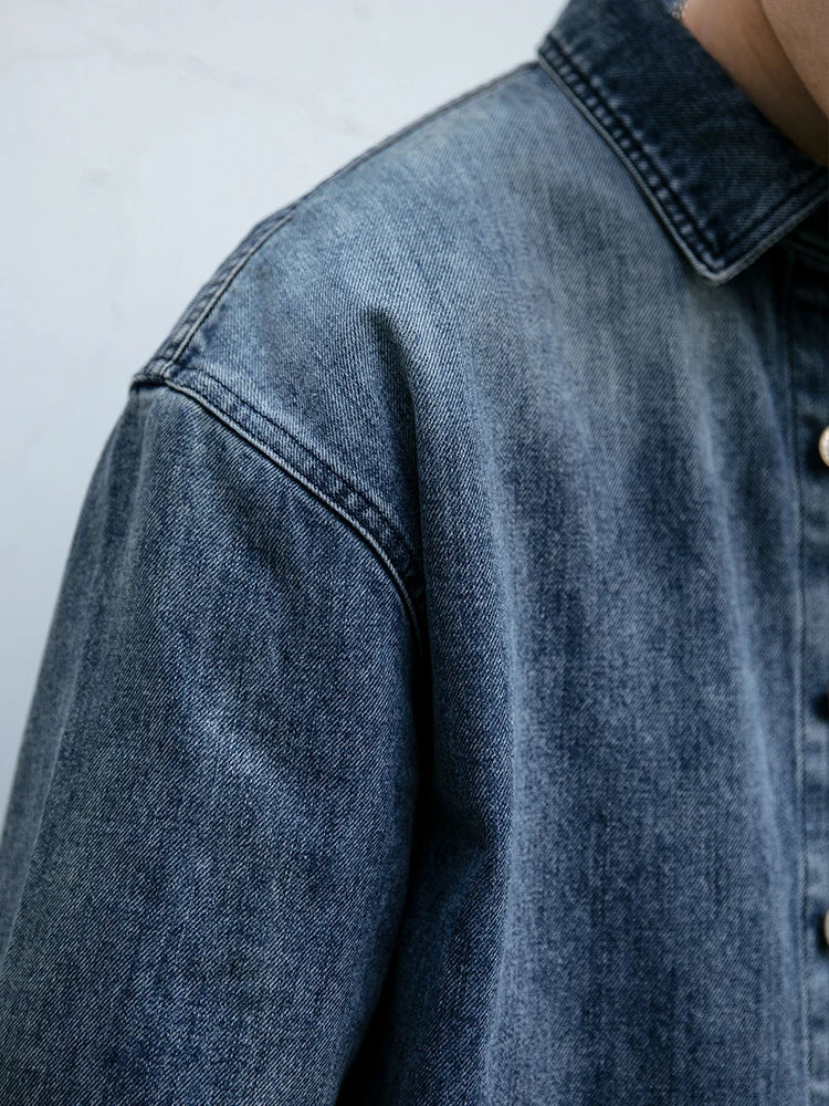 American Streetwear Wash Denim Shirts For Men Harajuku Casual Men'S Clothing Vintage Blue Lapel Cargo Coat Korean Long Sleeve