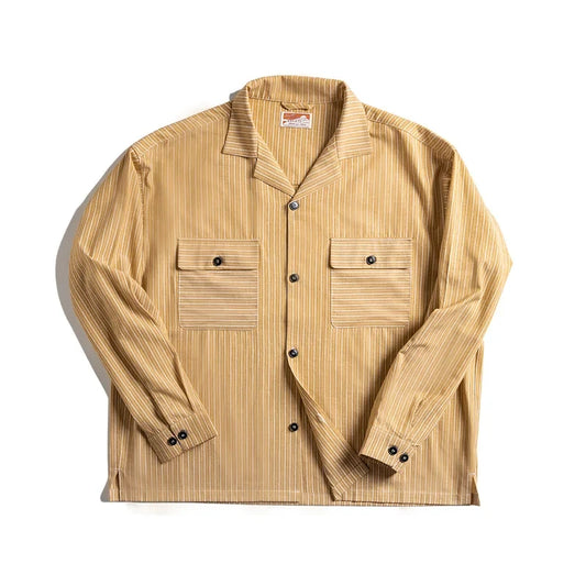 Maden Vintage Men's Striped Cuban Collar Shirts with Pockets Long-sleeved Blouses for Spring and Fall Versatile Trend Tops