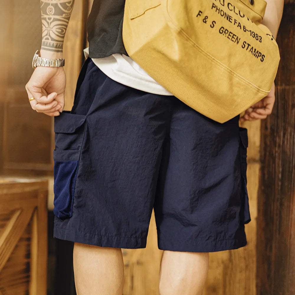 Maden Men's Quick-Dry Patchwork Cargo Shorts Lightweight Outdoor Multi-Pocket Stretch Elastic Waist Pants Blue Casual Bottoms