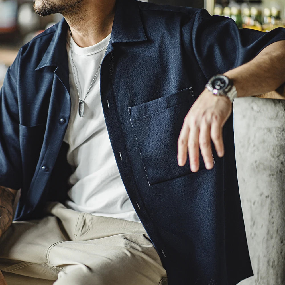 Maden Casual Oversize Drape No-iron Shirt with Pocket Textured Silhouette Short-sleeved Shirt for Men's Summer Tops