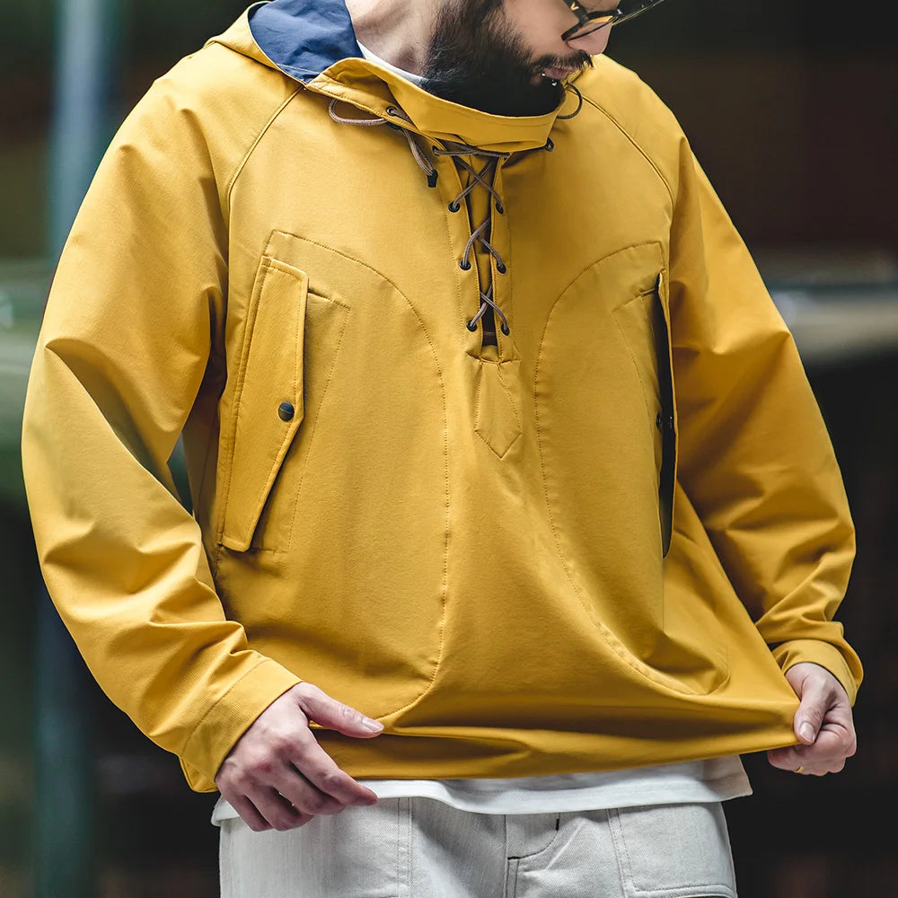 Maden Yellow Hooded Deck Coat for Men Braided Drawstring Collar Autumn Outdoor Wrinkle-Free Pullover Sweatshirt Everyday Wear