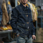 16 oz unstarched Black wood dyed red earthen denim jacket Heavy weight work shirt for fall and winter