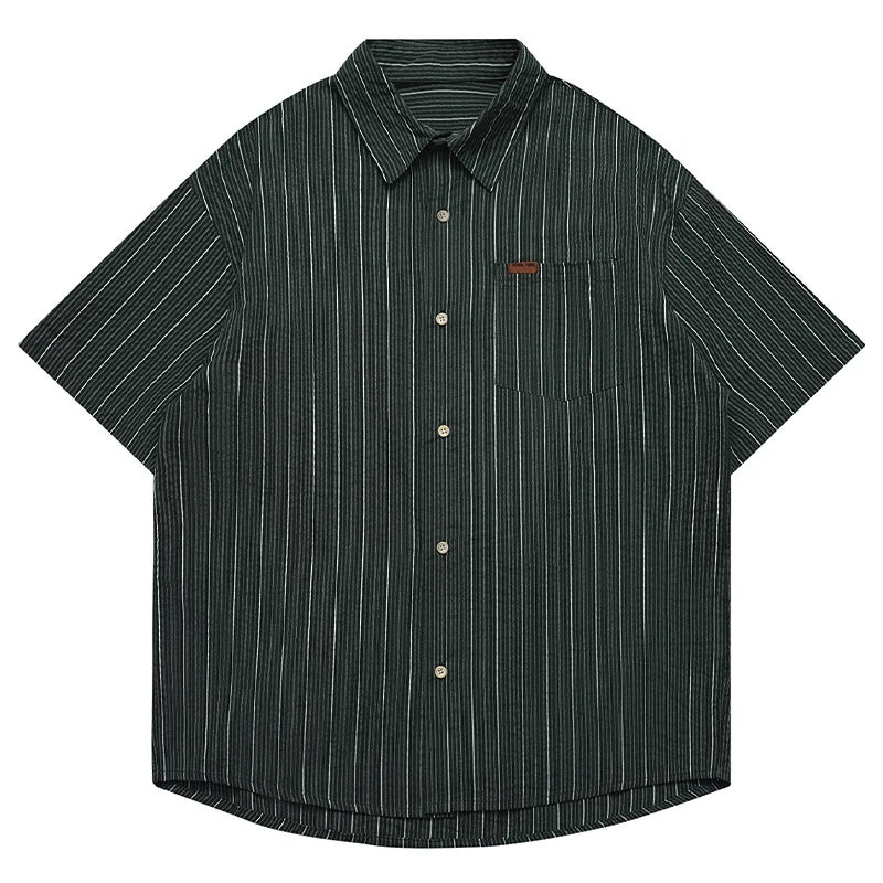 Japanese Vintage Men Summer Casual Shirt Short Sleeve Oversized Striped Pure Cotton Loose Fit Trendy Breathable High Quality Top