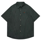 Japanese Vintage Men Summer Casual Shirt Short Sleeve Oversized Striped Pure Cotton Loose Fit Trendy Breathable High Quality Top