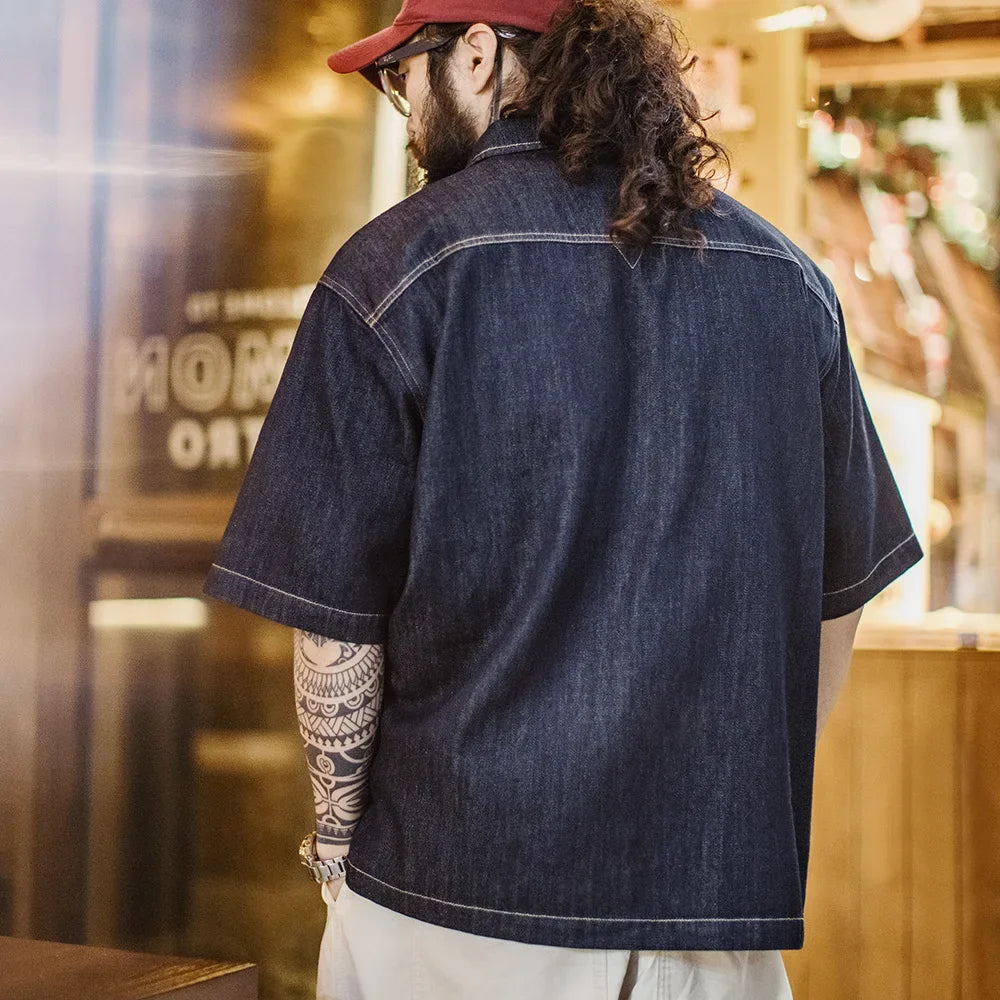 Maden Men's Summer Retro Boro Denim Short Sleeve Shirt Indigo Dyed Lapel Single Breasted Casual Overshirt Street Outfits Blouse