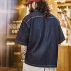 Maden Men's Summer Retro Boro Denim Short Sleeve Shirt Indigo Dyed Lapel Single Breasted Casual Overshirt Street Outfits Blouse