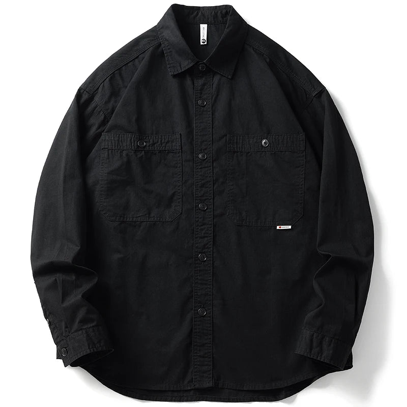 American High Quality Cargo Shirt Japanese Vintage Solid Color Long Sleeve Men Clothing Spring Harajuku Casual Black Thin Coat
