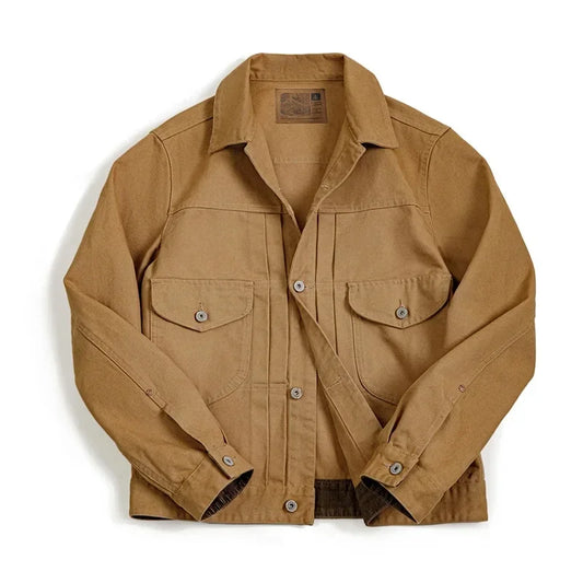 Maden Canvas Rancher Jackets with Collar Back Paris Button Khaki Denim Jacket for Men Vintage Heavyweight Pocket Fall Outerwear