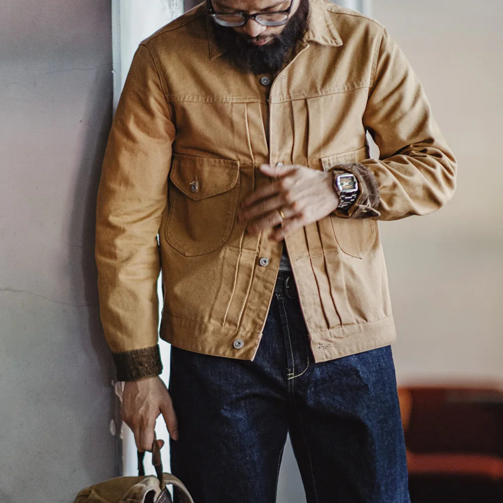 Maden Canvas Rancher Jackets with Collar Back Paris Button Khaki Denim Jacket for Men Vintage Heavyweight Pocket Fall Outerwear