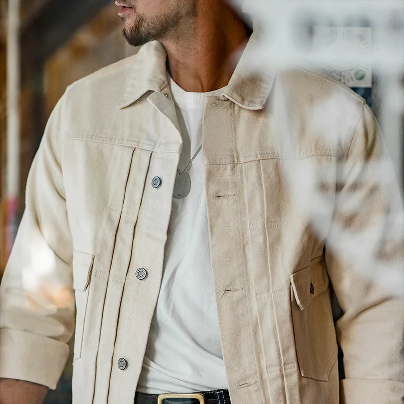 Maden Retro Type II Denim Jackets Beige Cotton Washed Denim Coats for Men's Autumn Versatile Single-breasted Lapel Outwear