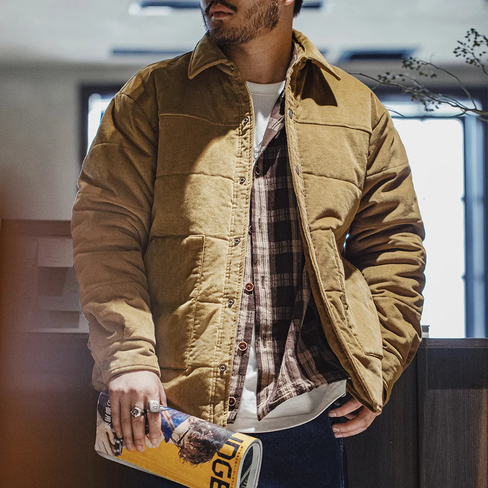 Maden Retro Corduroy Coat for Men Fall and Winter Stand-up Collar Cotton Jacket Thickened and Warm Large Pocket Jacket Navy Blue