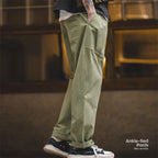 Maden Men's Vintage Military Green Cargo Pants Zipper Fly Loose Fit Pants Straight Leg Casual Pockets Spring and Fall Trousers