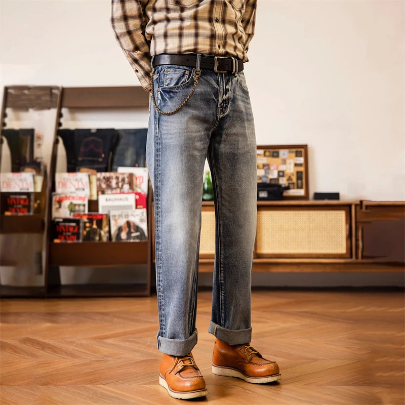 Red Tornado Men's Light Wash Jeans Ice Blue 14.5oz Selvage Denim Pants Straight Leg