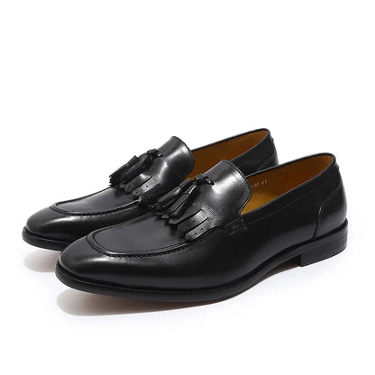 FELIX CHU Men's Genuine Leather Handmade Loafers Green/Black Tassel Dress Shoes Autumn Wedding Moccasin Party Footwear