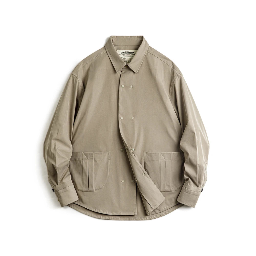 Maden Casual Herringbone Double-breasted Long-sleeved Shirt Solid Color Versatile Commuter Lapel Shirt for Men's Autumn Tops