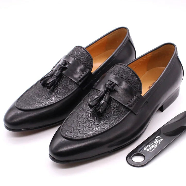 FELIX CHU Men's Genuine Leather Tassel Loafers Italian Luxury Fashion Slip-On Dress Shoes for Parties Weddings Casual Wear