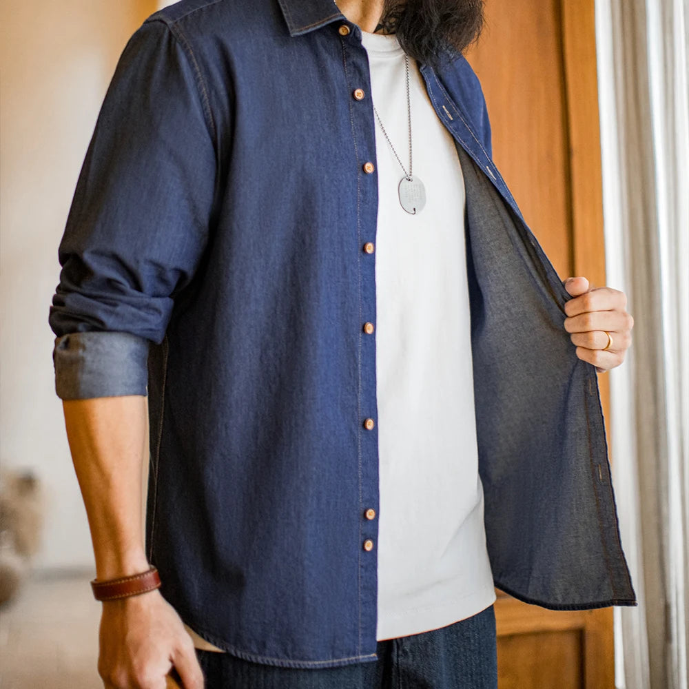 Maden Vintage Long Sleeved Men Denim Shirt Single Pocket Workwear Slim Fit Casual Shirt Single Breasted Turn-Down Collar Blouse
