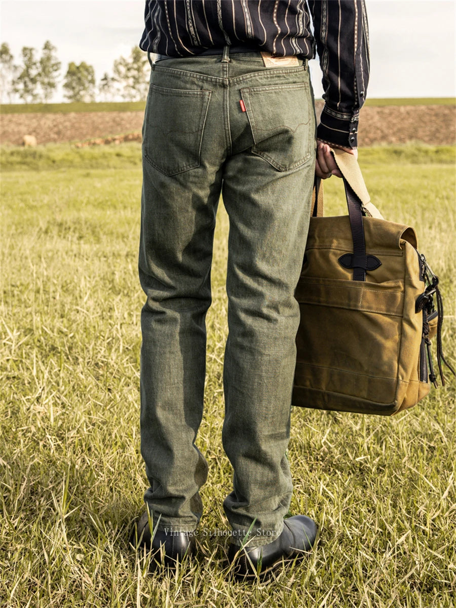 Red Tornado Men's Regular Straight Fit Jeans in Green Rugged Style Selvage Denim Pants