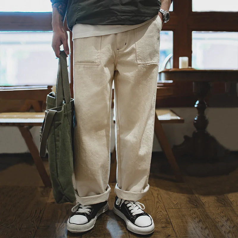 Maden Men's Vintage 11.2oz White Cottonseed Hull Jeans Casual Baggy Fit Straight Trousers for Spring and Fall Chino Cargo Pants