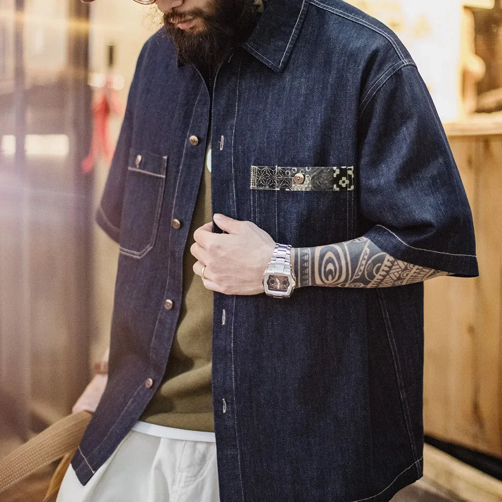 Maden Men's Summer Retro Boro Denim Short Sleeve Shirt Indigo Dyed Lapel Single Breasted Casual Overshirt Street Outfits Blouse
