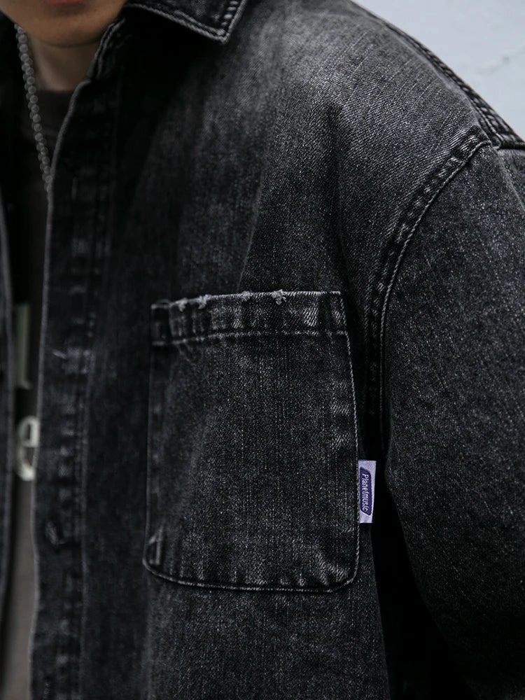 American Streetwear Wash Denim Shirts For Men Harajuku Casual Men'S Clothing Vintage Blue Lapel Cargo Coat Korean Long Sleeve