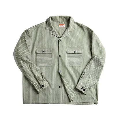 Maden Vintage Men's Striped Cuban Collar Shirts with Pockets Long-sleeved Blouses for Spring and Fall Versatile Trend Tops