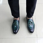 FELIX CHU Men's Genuine Leather Handmade Loafers Green/Black Tassel Dress Shoes Autumn Wedding Moccasin Party Footwear
