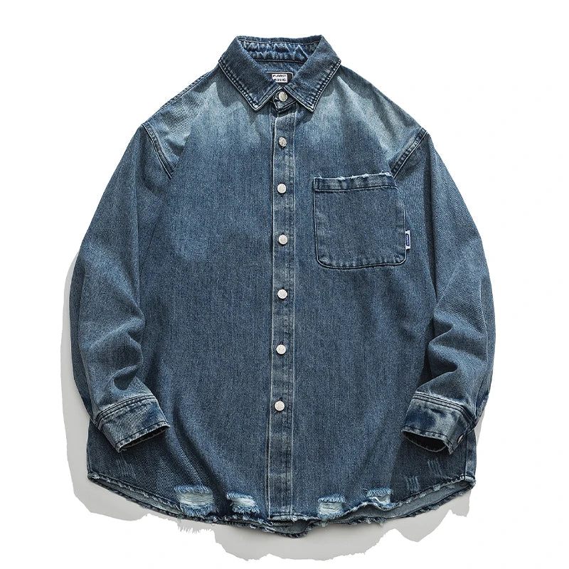 American Streetwear Wash Denim Shirts For Men Harajuku Casual Men'S Clothing Vintage Blue Lapel Cargo Coat Korean Long Sleeve