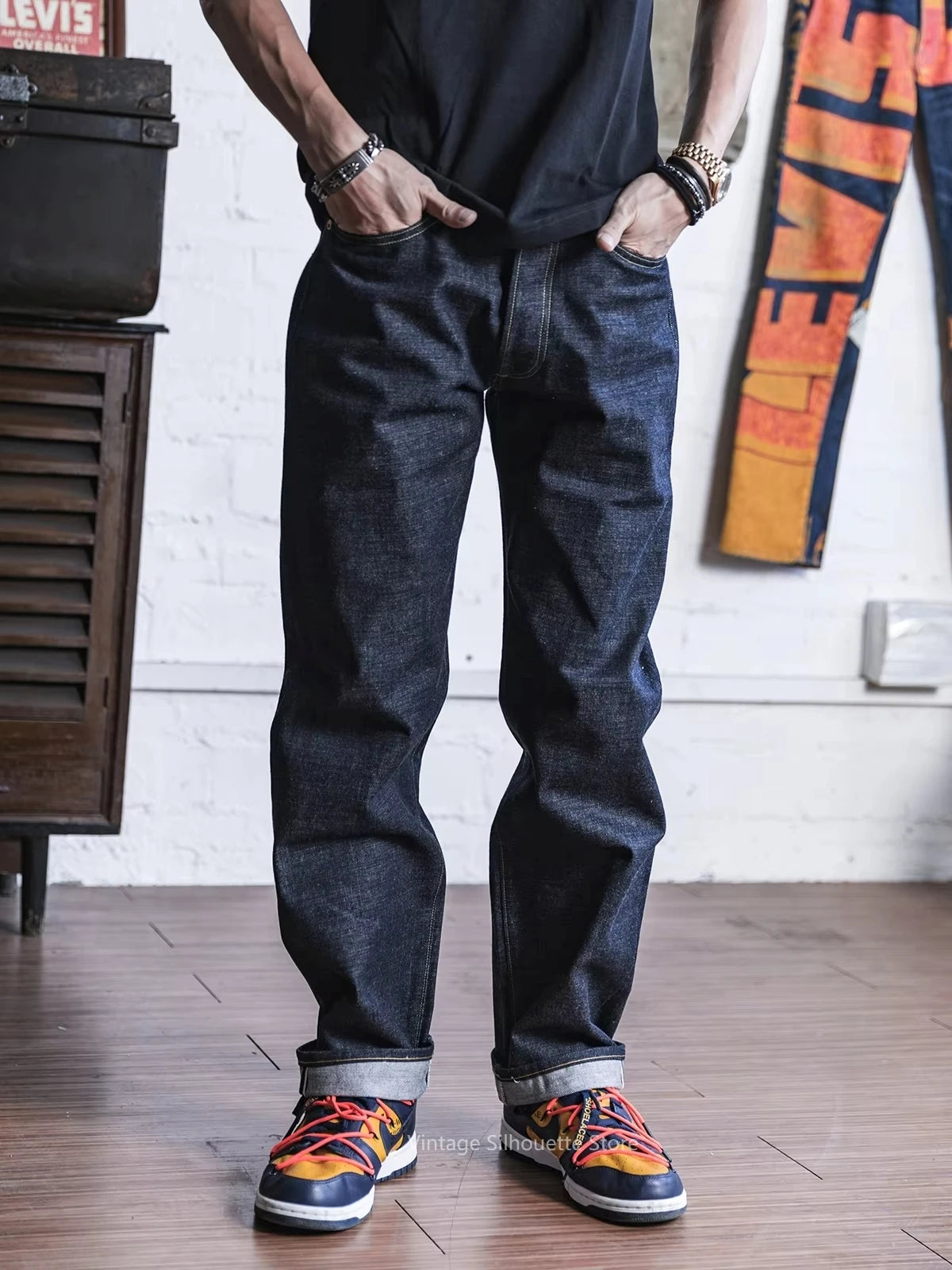 Non Stock 15oz Selvedge Jeans Unwashed Vintage Men's Five-Pocket Denim Pants Indigo