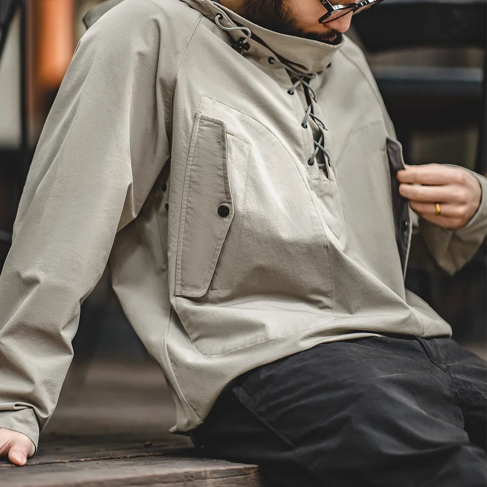 Maden Yellow Hooded Deck Coat for Men Braided Drawstring Collar Autumn Outdoor Wrinkle-Free Pullover Sweatshirt Everyday Wear