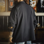 Maden Men Vintage Black Woven Long Sleeve Utility Shirt with Chest Pockets Lightweight Blouse Single-Breasted Overshirt for Fall