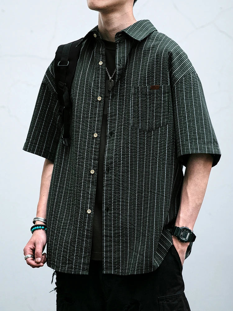 Japanese Vintage Men Summer Casual Shirt Short Sleeve Oversized Striped Pure Cotton Loose Fit Trendy Breathable High Quality Top