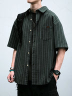 Japanese Vintage Men Summer Casual Shirt Short Sleeve Oversized Striped Pure Cotton Loose Fit Trendy Breathable High Quality Top