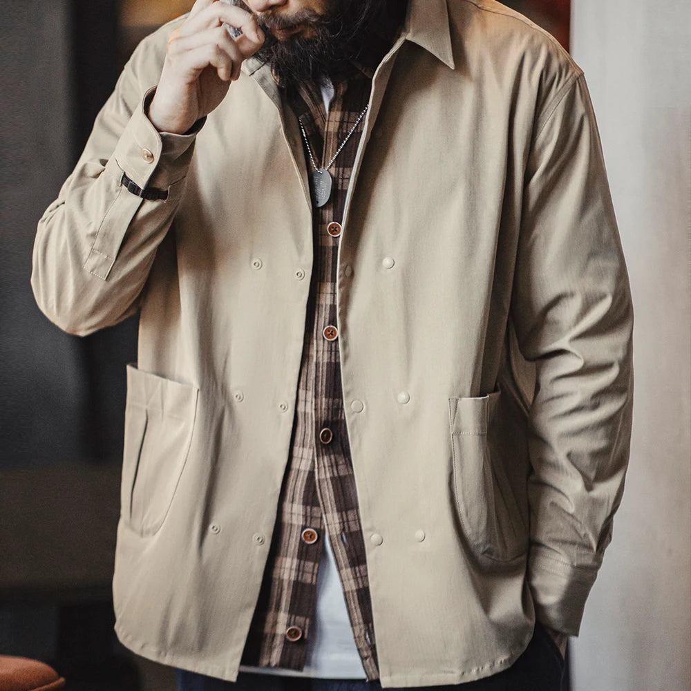 Maden Casual Herringbone Double-breasted Long-sleeved Shirt Solid Color Versatile Commuter Lapel Shirt for Men's Autumn Tops