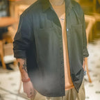 Maden Wrinkle-resistant Subtle Stripe Shirts for Men Outdoor Dark Gray Long-sleeved Loose Fit Shirt Autumn Pockets Shirts Jacket