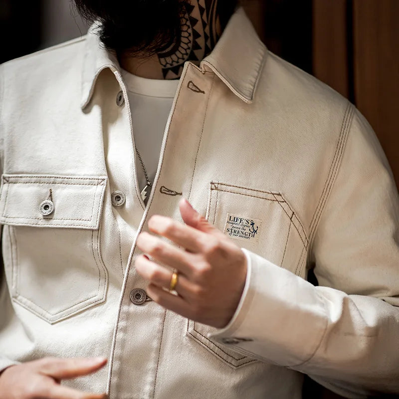 Maden Men's Vintage Classic Work Jacket Four Pockets and Five Buttons Male Spring and Autumn Beige Jacket Cotton Seed Husk Top