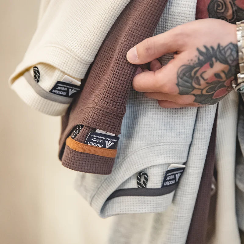 Maden Retro Knit Waffle Short Sleeve T-shirts for Men's Summer Round Neck Loose Fit Casual Tee Basic Solid Color Classic Tops