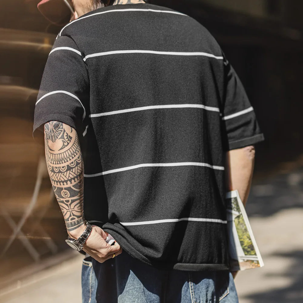 Maden New Casual Black and White Striped Short Sleeve T-Shirt Men's Summer Loose Fit Crew Neck Tee Street Versatile Classic Tops
