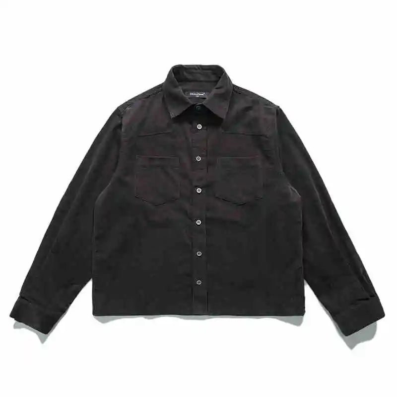 Korean Vintage Work Shirt For Men Corduroy Premium Washed Distressed Turn-Down Collar Relaxed Fit Long Sleeve Casual Fashion