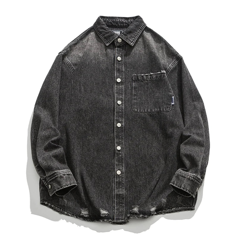 American Streetwear Wash Denim Shirts For Men Harajuku Casual Men'S Clothing Vintage Blue Lapel Cargo Coat Korean Long Sleeve